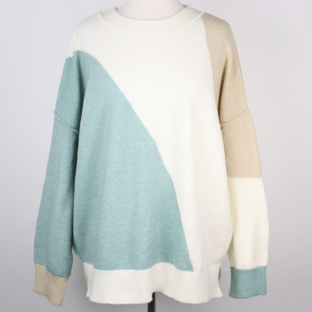 Blu Pepper Colorblock Crew Neck Sweater - Cream, Blue, Tan